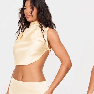 BUTTER CREAM SATIN TIE BACK HIGH NECK COWL CROP TOP